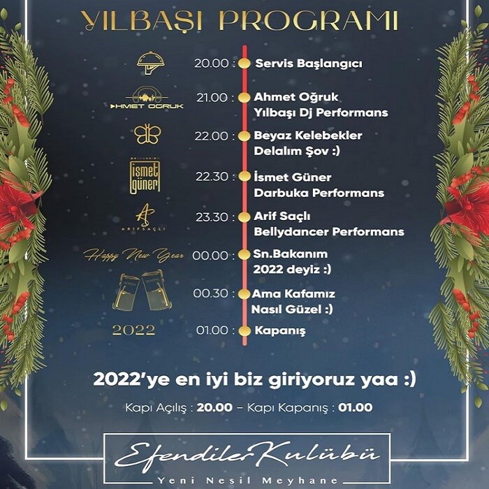 İzmir Efendiler Kulübü Meyhanesi Yılbaşı Programı 2022